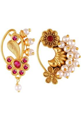 Set Of 2 Gold Plated Stone Studdedand Pearl Beaded Nosepins