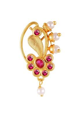 Gold Plated Stone Studdedand Pearl Beaded Nosepin