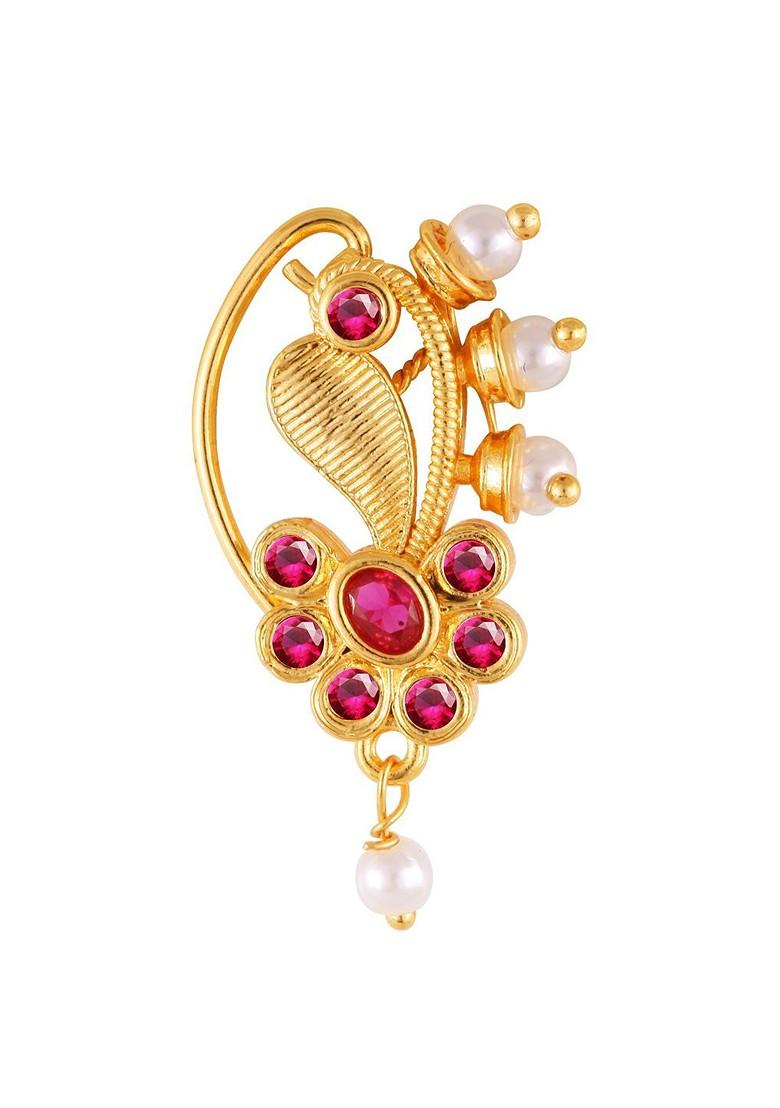 Gold Plated Stone Studdedand Pearl Beaded Nosepin