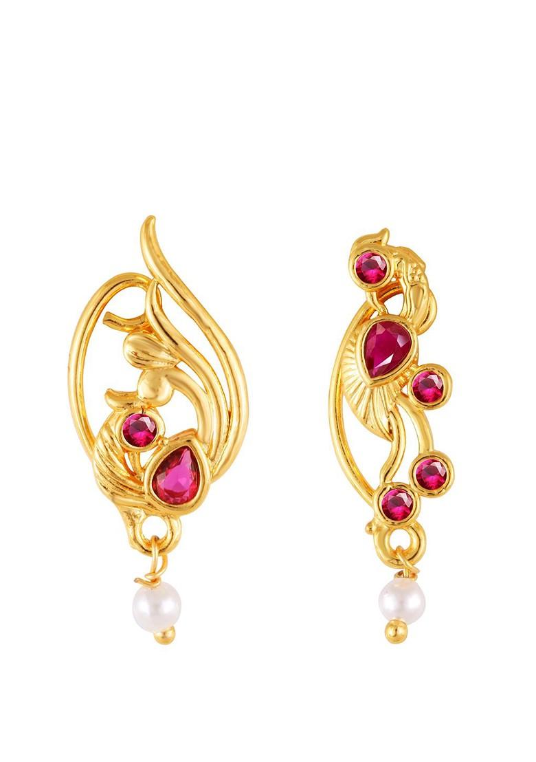 Set Of 2 Gold Plated Stone Studdedand Pearl Beaded Nosepins