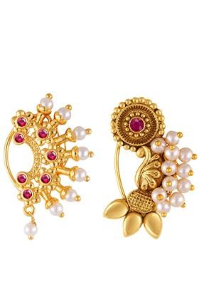 Set Of 2 Gold Plated Stone Studdedand Beaded Nosepin