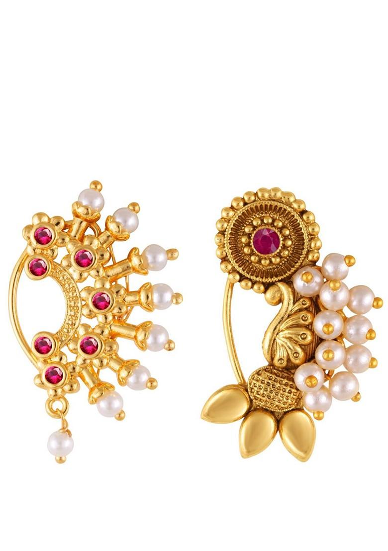 Set Of 2 Gold Plated Stone Studdedand Beaded Nosepin