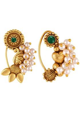 Set Of 2 Gold Plated Stone Studdedand Beaded Nosepins