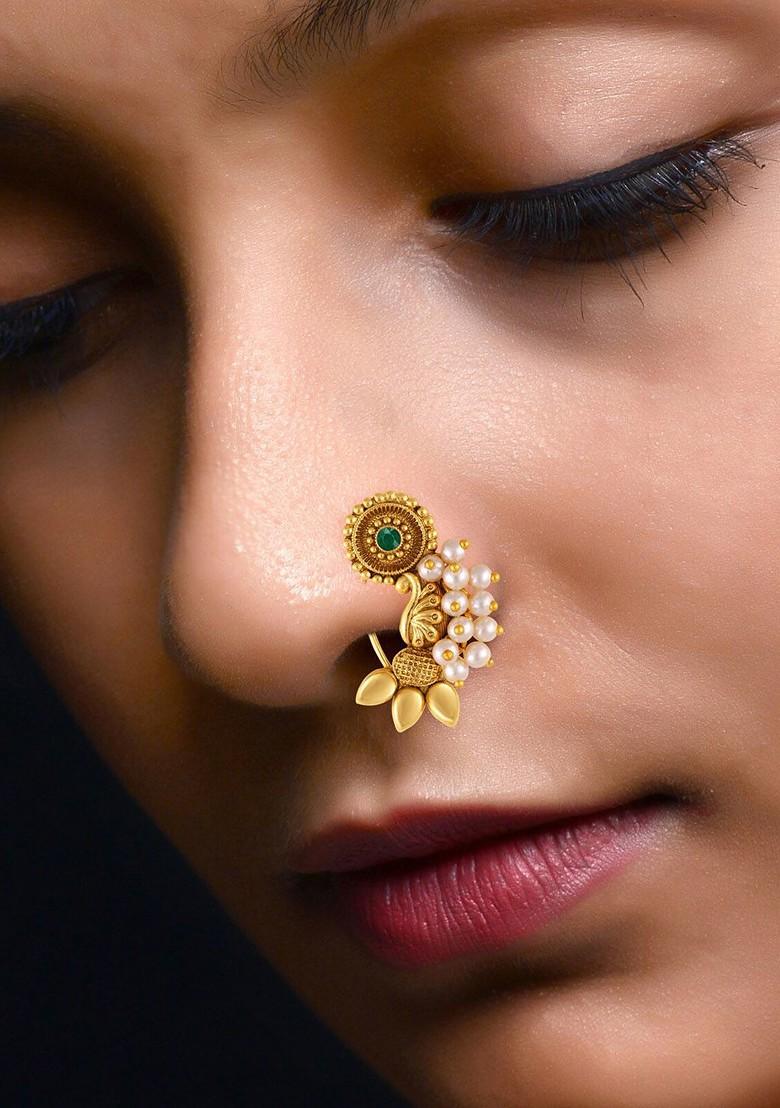 Set Of 2 Gold Plated Stone Studdedand Beaded Nosepins