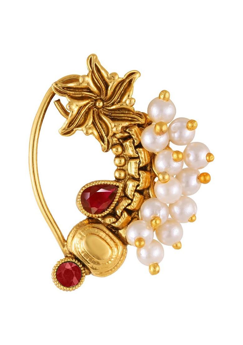 Set Of 2 Gold Plated Pearl Beaded Maharashtrian Nosepin