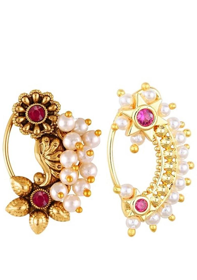 Set Of 2 Gold Plated Stone Studdedand Pearls Beaded Stud Nosepins