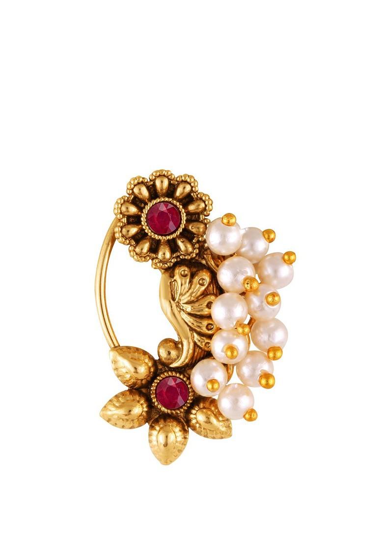 Set Of 2 Gold Plated Stone Studdedand Beaded Nose Ring