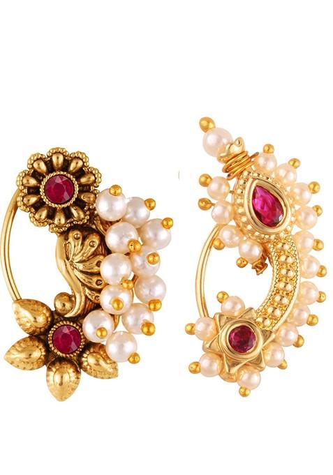 Set Of 2 Gold Plated Stone Studdedand Beaded Nose Ring