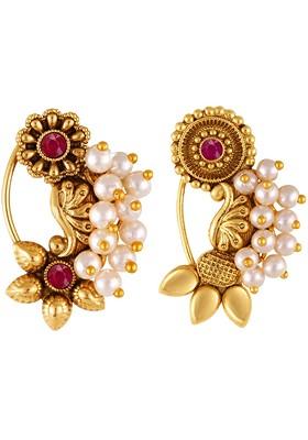 Set Of 2 Gold Plated Stone Studdedand Beaded Nosepins