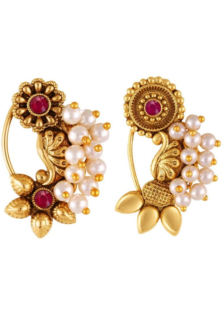 Set Of 2 Gold Plated Stone Studdedand Beaded Nosepins