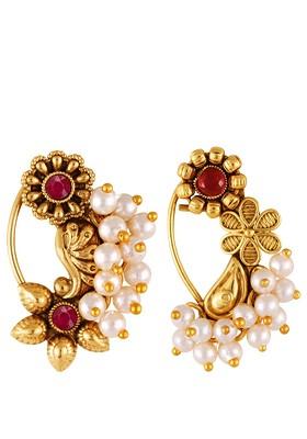 Set Of 2 Gold Plated Stone Studdedand Beaded Nosepins
