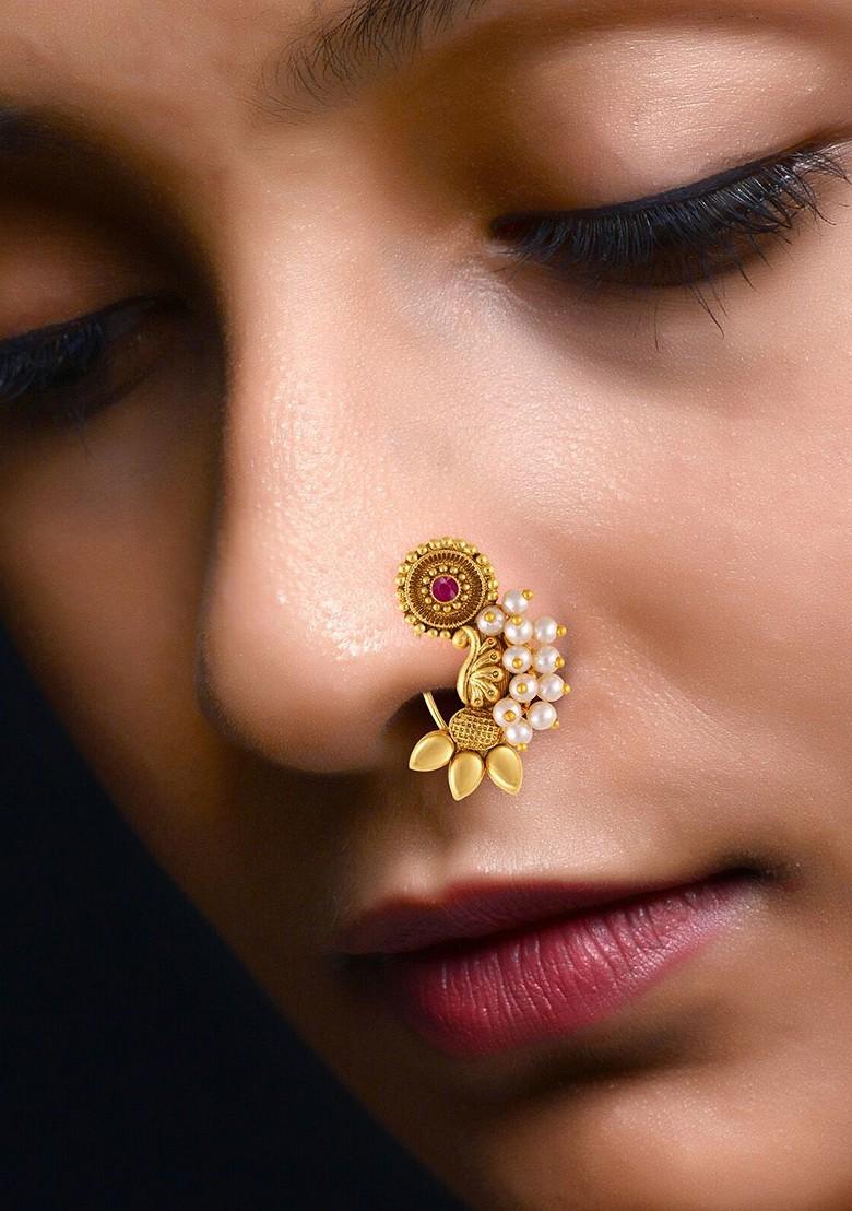 Set Of 2 Gold Plated Stone Studdedand Beaded Nosepins