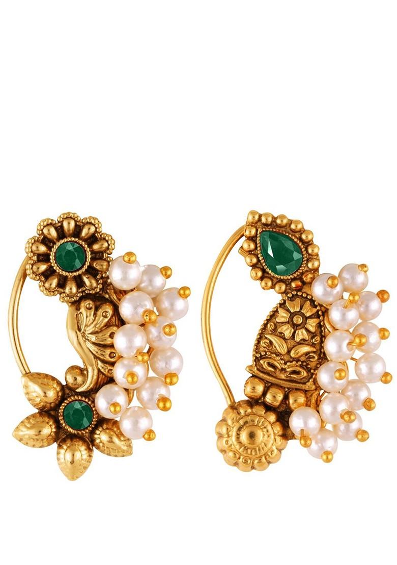 Set Of 2 Gold Plated Stone Studdedand Beaded Nose Ring