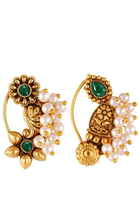 Set Of 2 Gold Plated Stone Studdedand Beaded Nose Ring