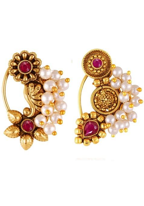 Set Of 2 Gold Plated Stone Studdedand Beaded Nosepin