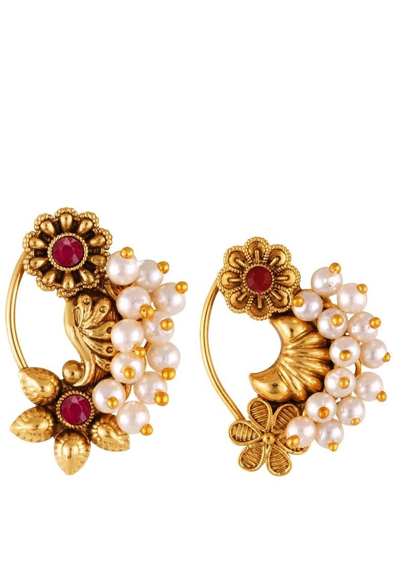 Set Of 2 Gold Plated Stone Studded Beaded Nose Pins
