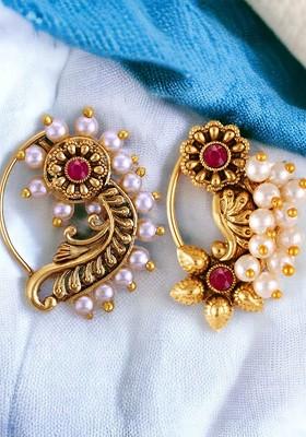 Set Of 2 Gold Plated Pearls Beaded Ring Nosepin