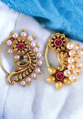 Set Of 2 Gold Plated Pearls Ring Nosepin