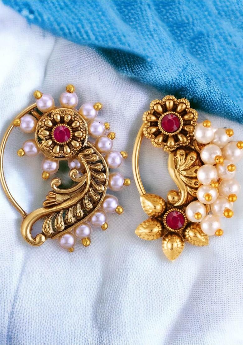 Set Of 2 Gold Plated Pearls Ring Nosepin