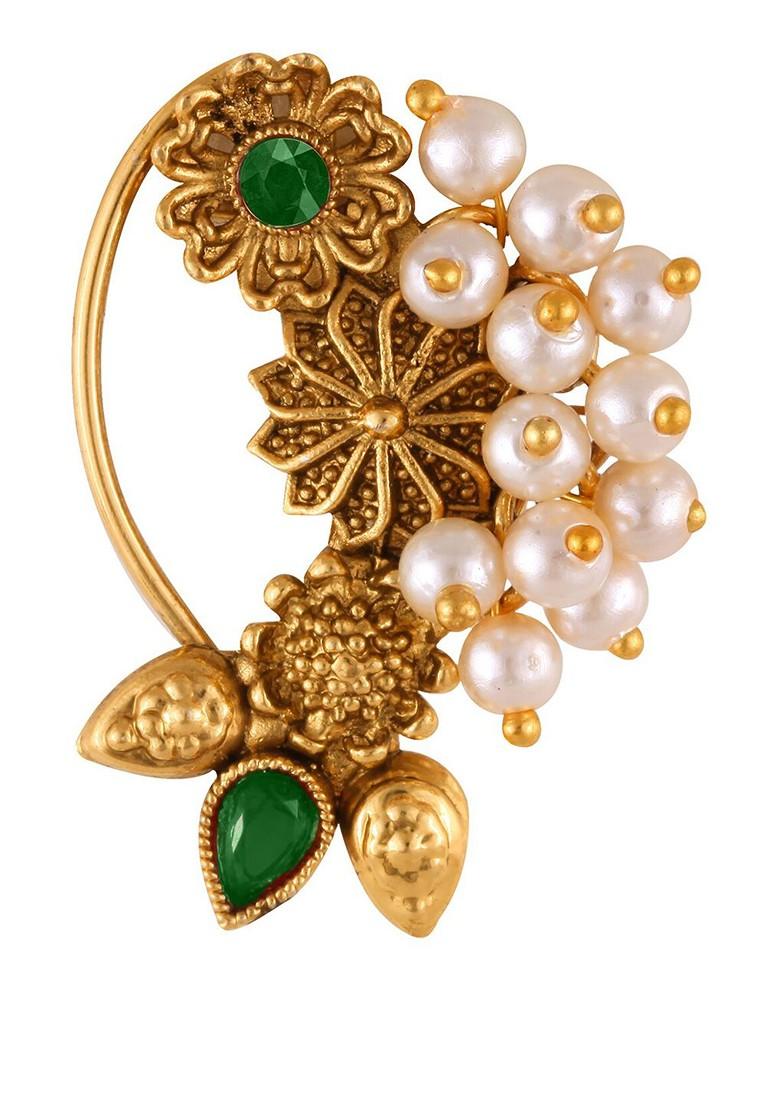 Set Of 2 Gold Plated Pearl Beaded Maharashtrian Nosepin