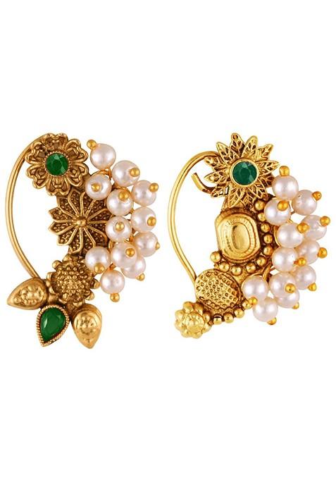 Set Of 2 Gold Plated Pearl Beaded Maharashtrian Nosepin