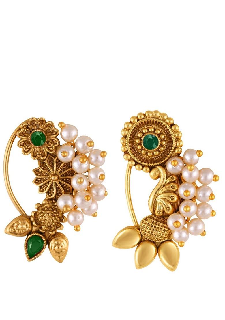 Set Of 2 Gold Plated Pearl Beaded Maharashtrian Nosepin
