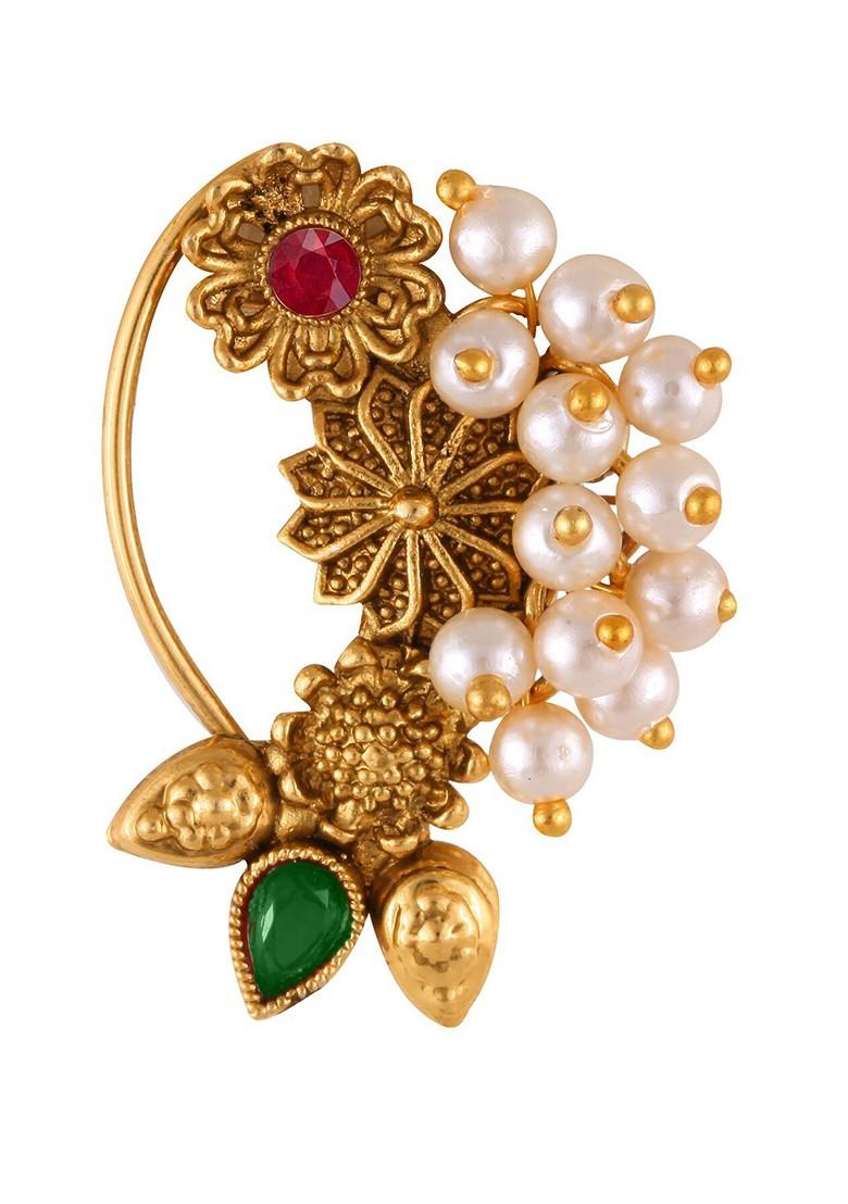 Set Of 2 Gold Plated Stone Studdedand Beaded Nosepin