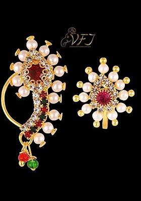 Set Of 2 Gold Plated Cubic Zirconiaand Pearl Maharashtrian Nose Pin