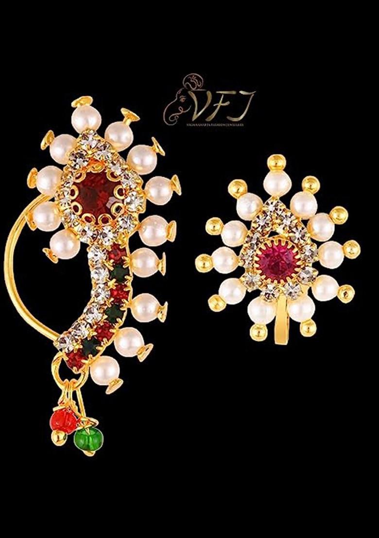 Set Of 2 Gold Plated Cubic Zirconiaand Pearl Maharashtrian Nose Pin