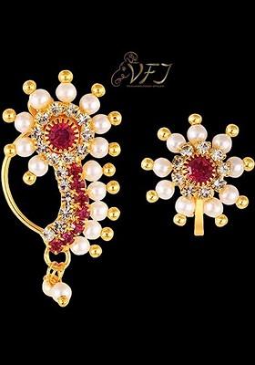 Set Of 2 Gold Plated Cz Studdedand Pearls Beaded Nosepin