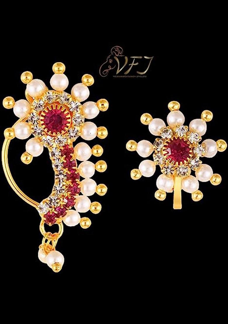 Set Of 2 Gold Plated Cz Studdedand Pearls Beaded Nosepin