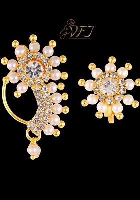 Set Of 2 Gold Plated Cz Studdedand Pearl Beaded Clip On Nosepin