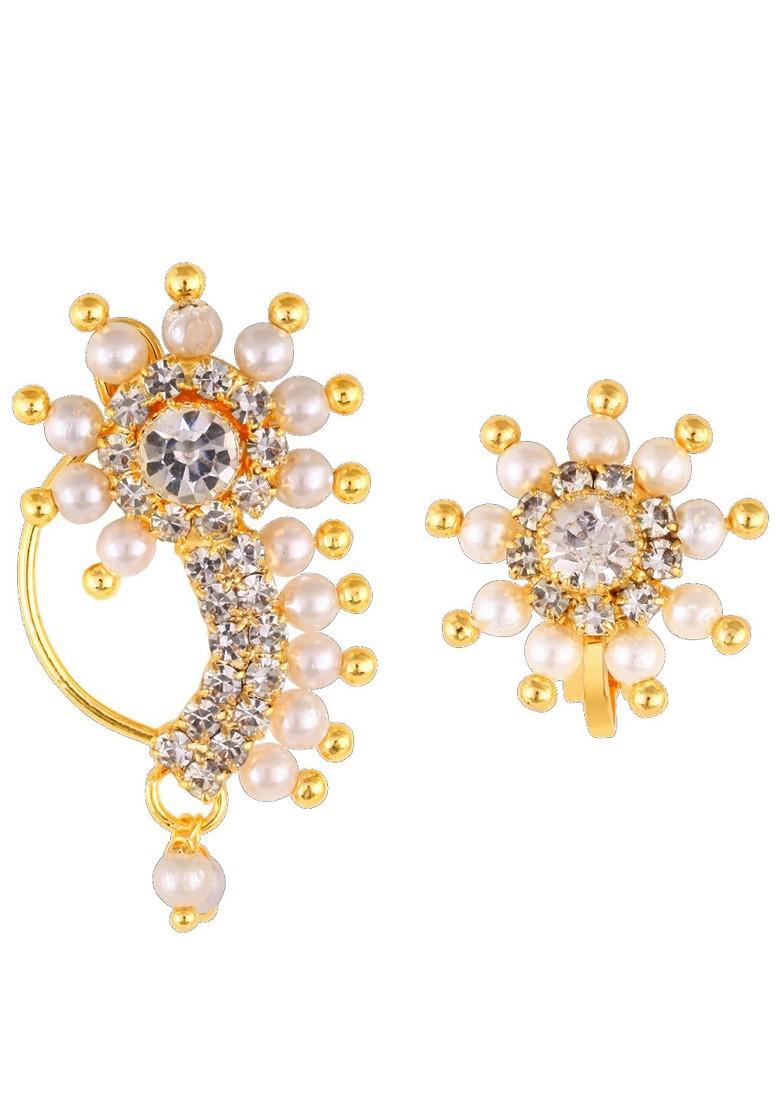Set Of 2 Gold Plated Cz Studdedand Pearl Beaded Clip On Nosepin