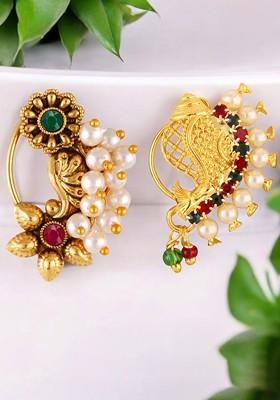 Set Of 2 Gold Plated Pearls Ring Nosepin