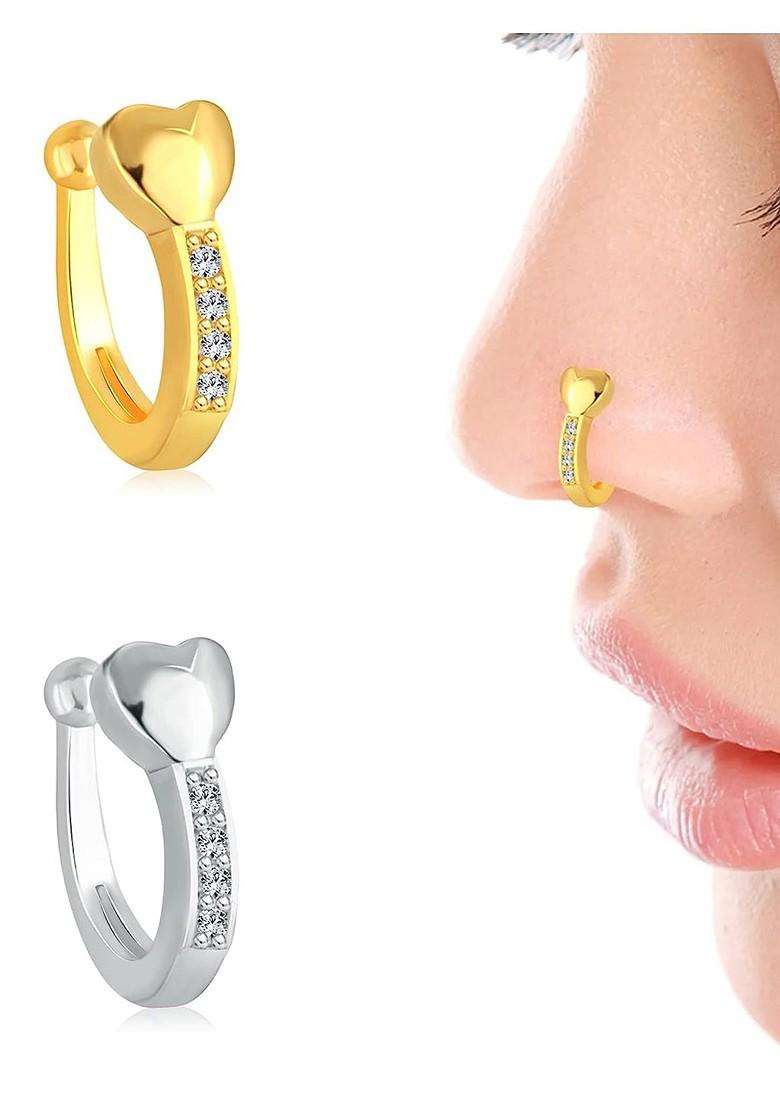 Set Of 2 Gold Platedand Silver Plated Cz Studded Nosepin