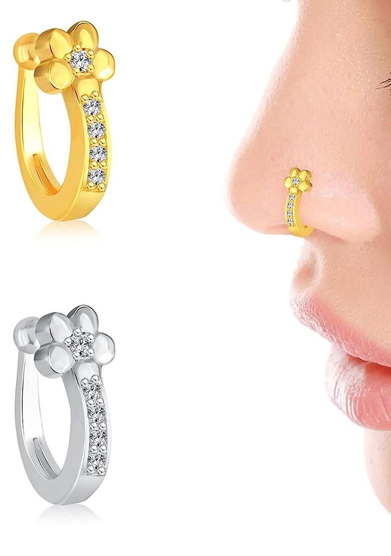 Set Of 2 Gold Rhodium Plated Cz Stone Studded Clip On Nosepin
