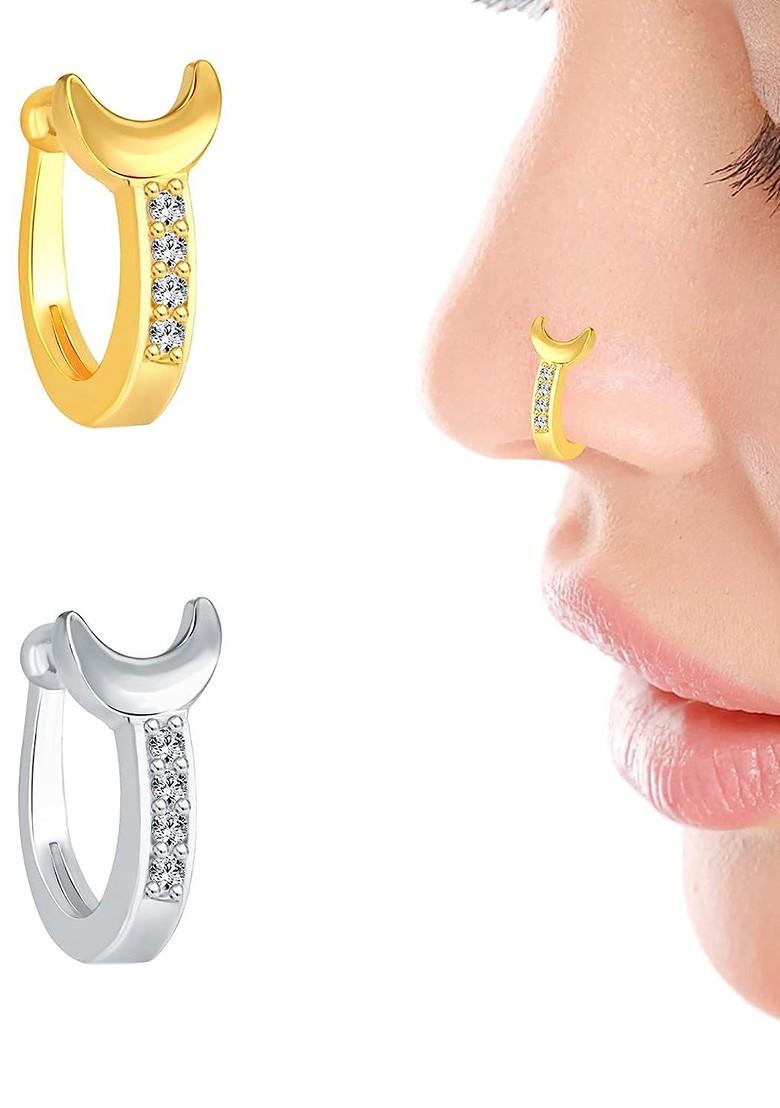 Set Of 2 Gold Platedand Silver Plated Cz Studded Nosepin