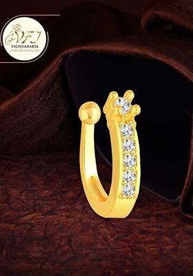Set Of 2 Gold Platedand Rhodium Plated White Crystals Studded Clip On Nosepins