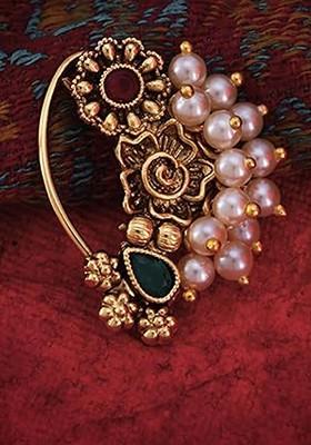 Gold Plated Cz Studdedand Pearls Beaded Stud Nosepin