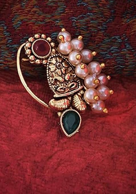 Gold Plated Stone Studdedand Beaded Stud Nosepin
