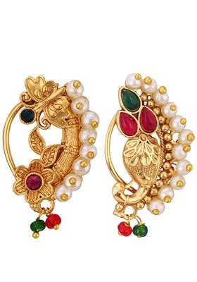 Set Of 2 Gold Plated Stone Studdedand Artificial Beaded Septum Nosepin