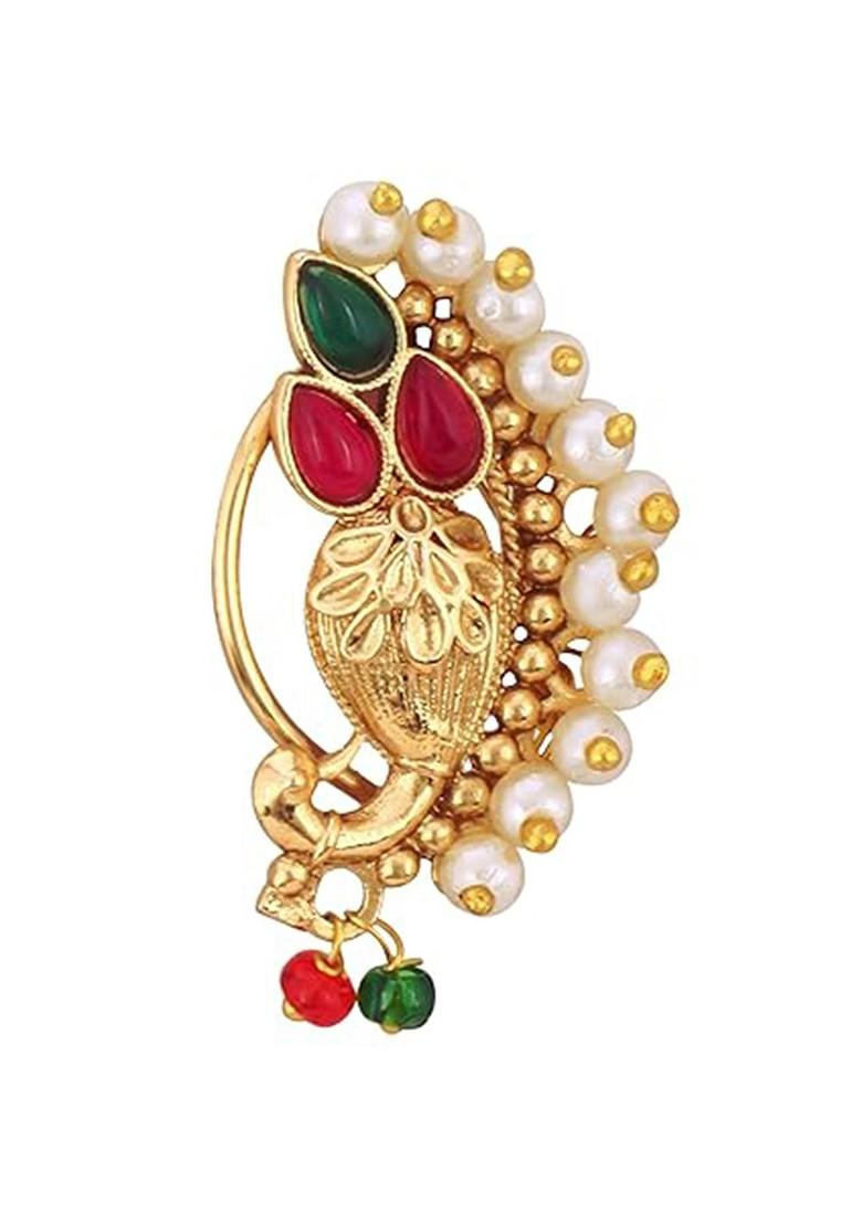 Set Of 2 Gold Plated Stone Studdedand Artificial Beaded Septum Nosepin