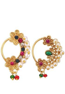 Set Of 2 Gold Plated Stone Studdedand Pearl Beaded Nosepin