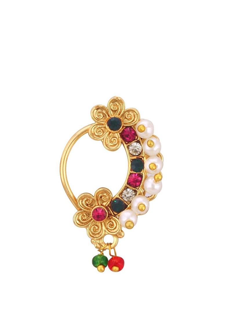 Set Of 2 Gold Plated Stone Studdedand Pearl Beaded Nosepin