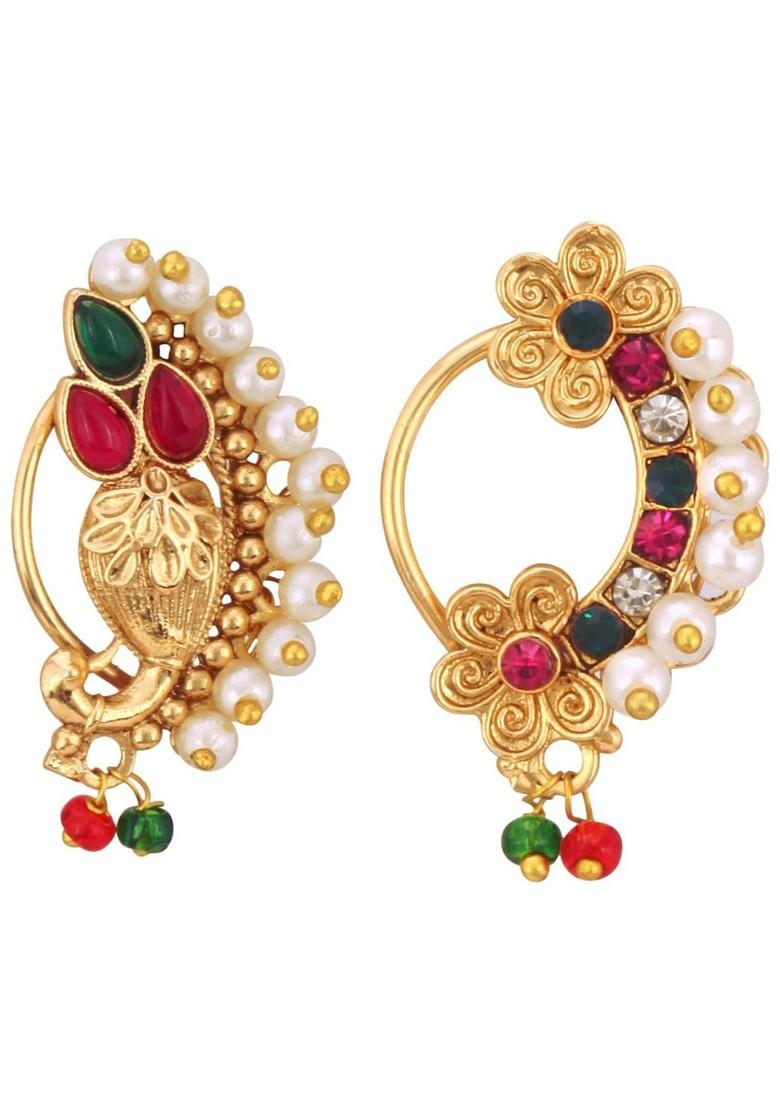 Set Of 2 Gold Plated Stone Studdedand Pearl Beaded Nosepin