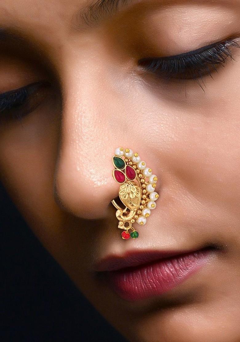 Set Of 2 Gold Plated Stone Studdedand Pearl Beaded Nosepin