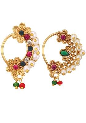Set Of 2 Gold Plated Artificial Beadedand Stone Studded Nosepins