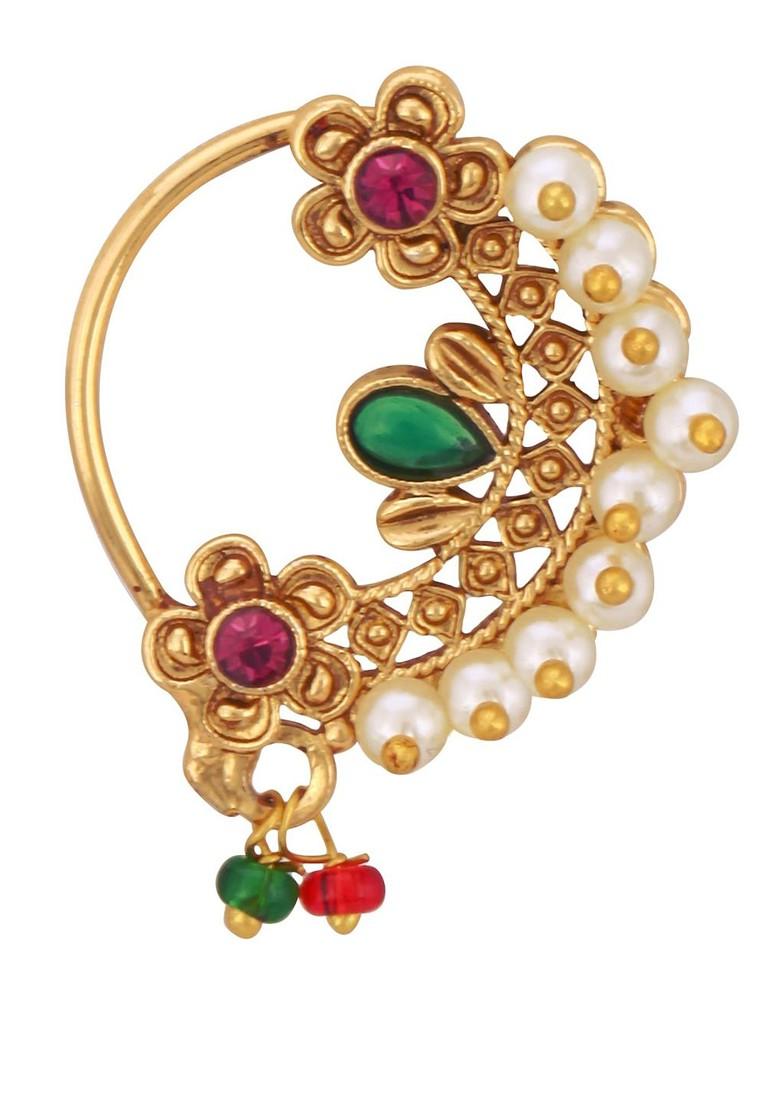 Set Of 2 Gold Plated Artificial Beadedand Stone Studded Nosepins