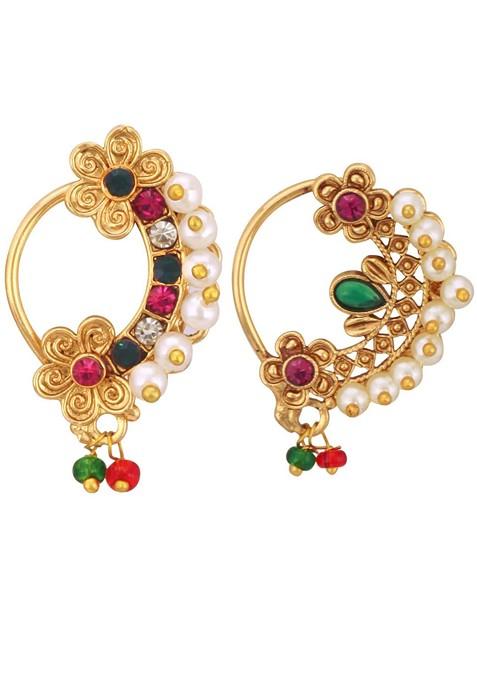 Set Of 2 Gold Plated Artificial Beadedand Stone Studded Nosepins