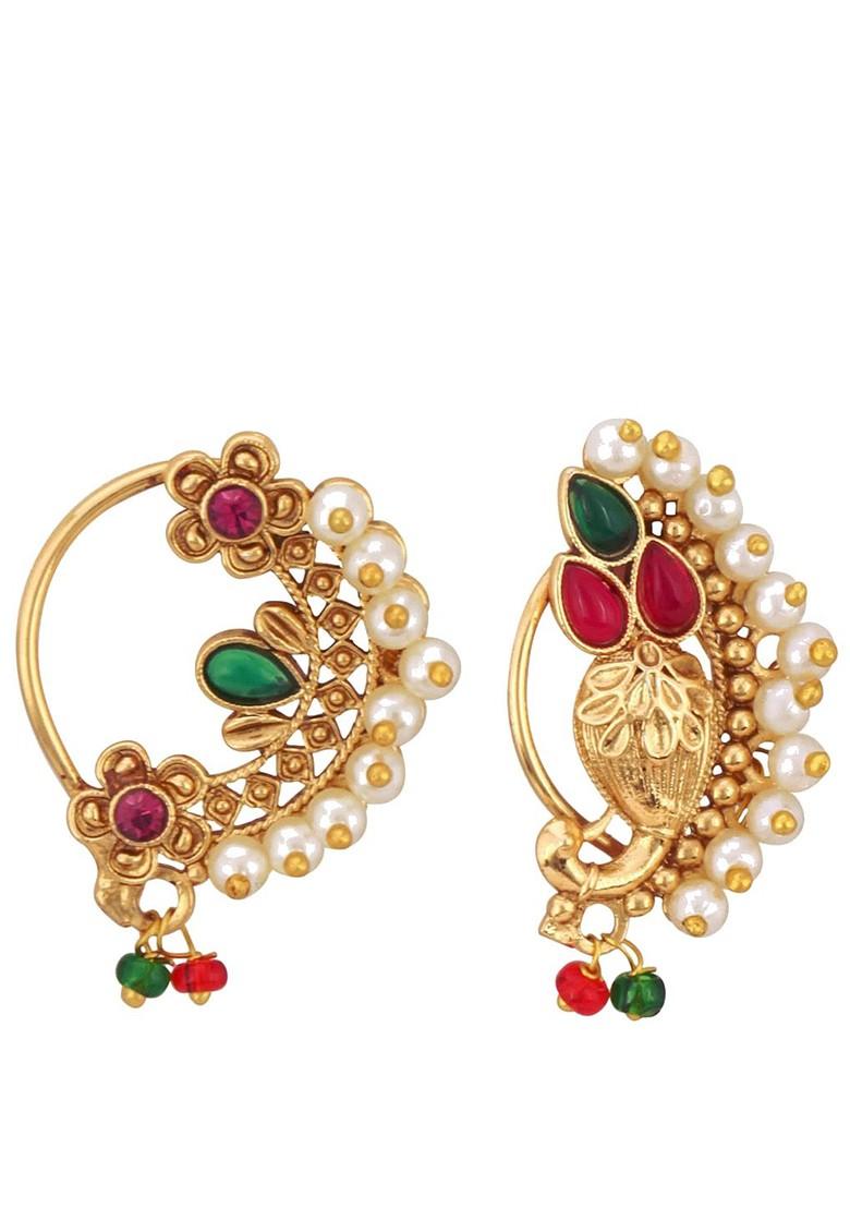 Set Of 2 Gold Plated Stone Studdedand Pearl Beaded Nosepin